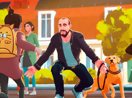 Een stilstaand beeld uit een van de animatiefilms waarbij een vader zijn kinderen opwacht op het schoolplein