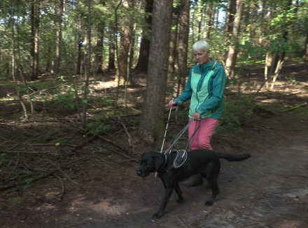 Hennie en haar blindengeleidehond in het bos