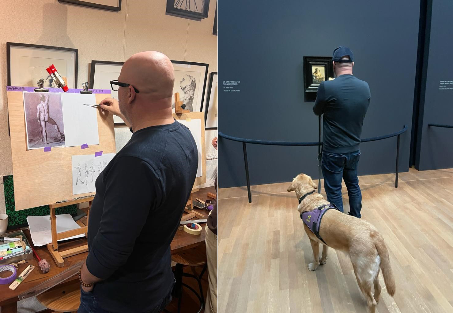 Raymond aan het schilderen en in het museum met zijn buddyhond